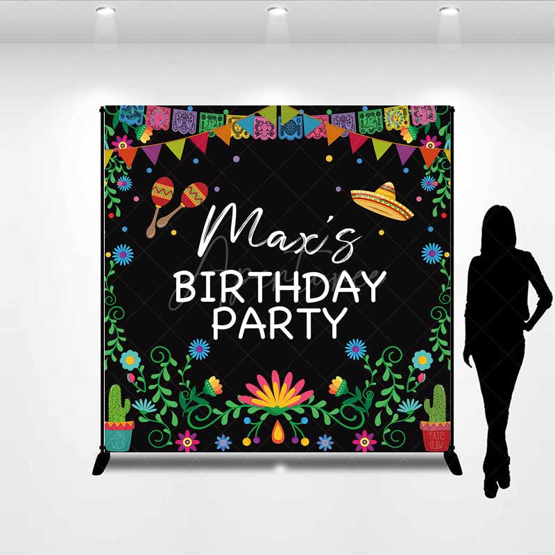 Aperturee Aperturee Custom Birthday Party Backdrop Colorful Mexican Fiesta and Cactus Banner Personalized Sombrero and Maracas Decor