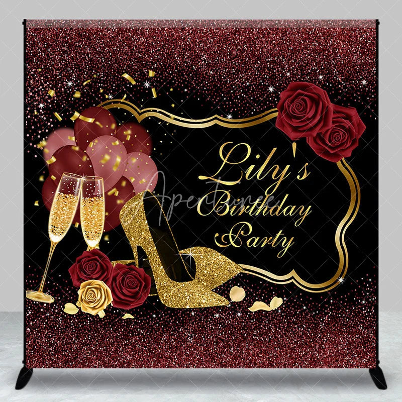 Aperturee - Aperturee Custom Black and Gold Glitter Birthday Party Backdrop with Elegant High Heels Champagne and Roses
