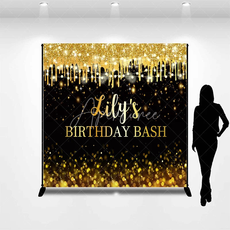 Aperturee - Aperturee Custom Black and Gold Glitter Drips Birthday Bash Backdrop with String Lights and Bokeh Effect