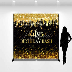 Aperturee - Aperturee Custom Black and Gold Glitter Drips Birthday Bash Backdrop with String Lights and Bokeh Effect