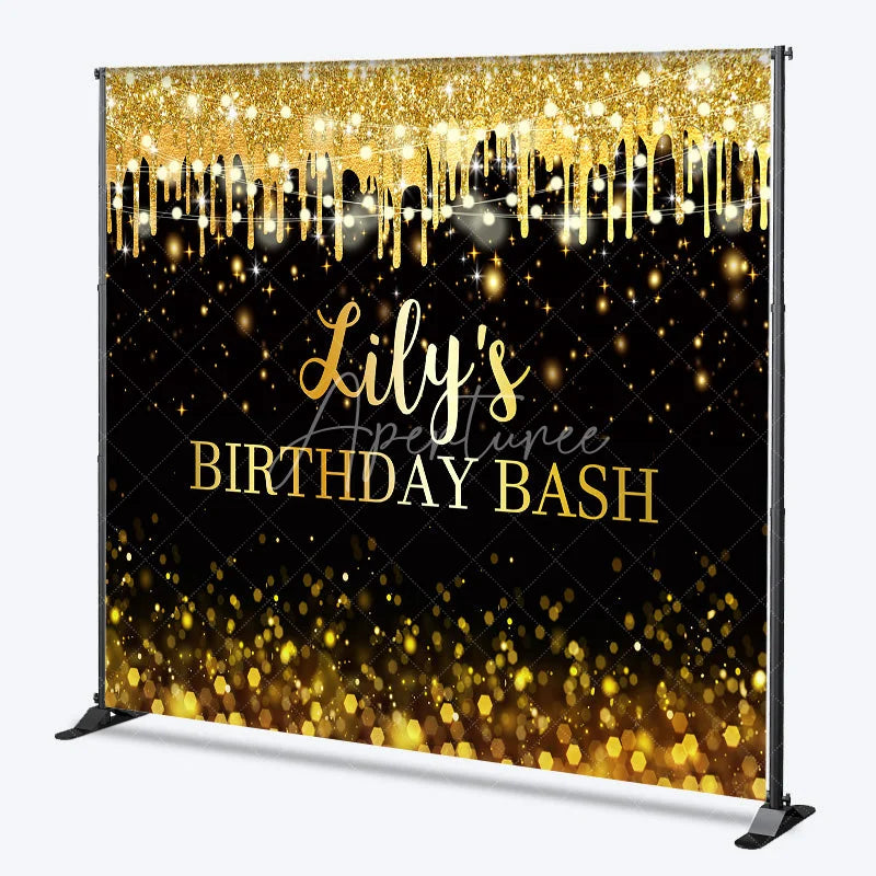 Aperturee - Aperturee Custom Black and Gold Glitter Drips Birthday Bash Backdrop with String Lights and Bokeh Effect
