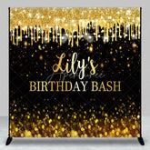 Aperturee - Aperturee Custom Black and Gold Glitter Drips Birthday Bash Backdrop with String Lights and Bokeh Effect