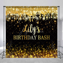 Aperturee - Aperturee Custom Black and Gold Glitter Drips Birthday Bash Backdrop with String Lights and Bokeh Effect