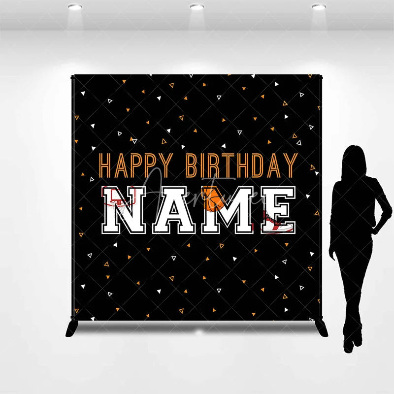 Aperturee - Aperturee Custom Black and Orange Basketball Birthday Backdrop featuring Hoop and Shoe Personalized Sports Party Decor