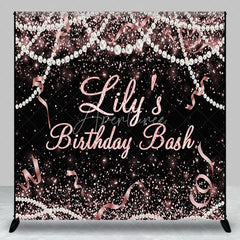 Aperturee - Aperturee Custom Black and Rose Gold Glitter Birthday Backdrop with Pearls and Ribbons Personalized Party Decor