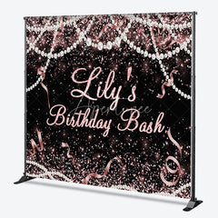 Aperturee - Aperturee Custom Black and Rose Gold Glitter Birthday Backdrop with Pearls and Ribbons Personalized Party Decor