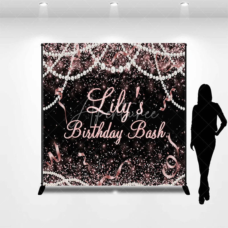 Aperturee - Aperturee Custom Black and Rose Gold Glitter Birthday Backdrop with Pearls and Ribbons Personalized Party Decor