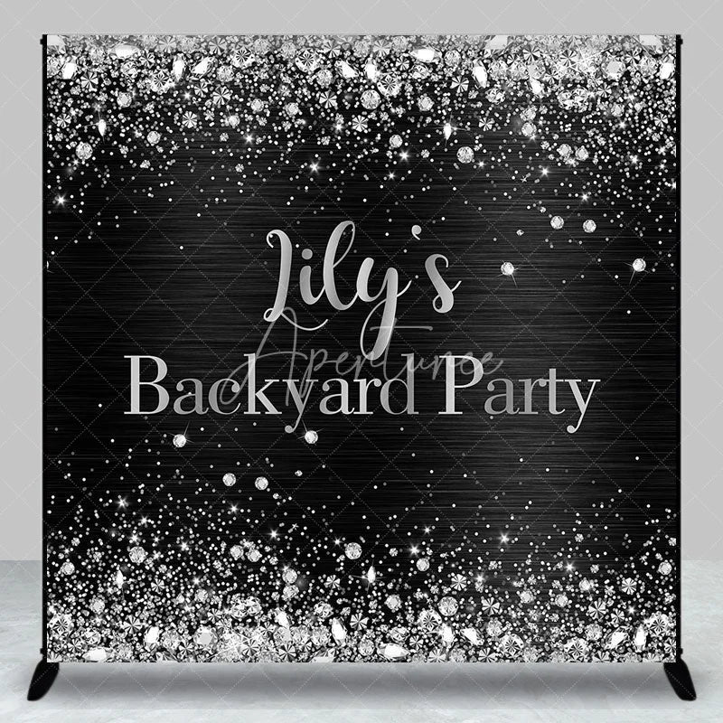 Aperturee - Aperturee Custom Black and Silver Glitter Backyard Party Backdrop Personalized Diamond Confetti Celebration Decor