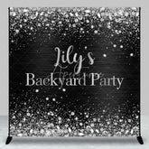Aperturee - Aperturee Custom Black and Silver Glitter Backyard Party Backdrop Personalized Diamond Confetti Celebration Decor
