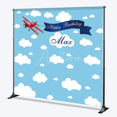 Aperturee - Aperturee Custom Blue Sky and Clouds Biplane Happy Birthday Backdrop Personalized Name Party Decor