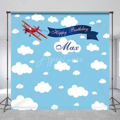 Aperturee - Aperturee Custom Blue Sky and Clouds Biplane Happy Birthday Backdrop Personalized Name Party Decor