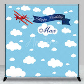 Aperturee - Aperturee Custom Blue Sky and Clouds Biplane Happy Birthday Backdrop Personalized Name Party Decor