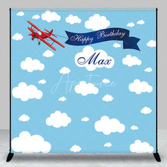 Aperturee - Aperturee Custom Blue Sky and Clouds Biplane Happy Birthday Backdrop Personalized Name Party Decor