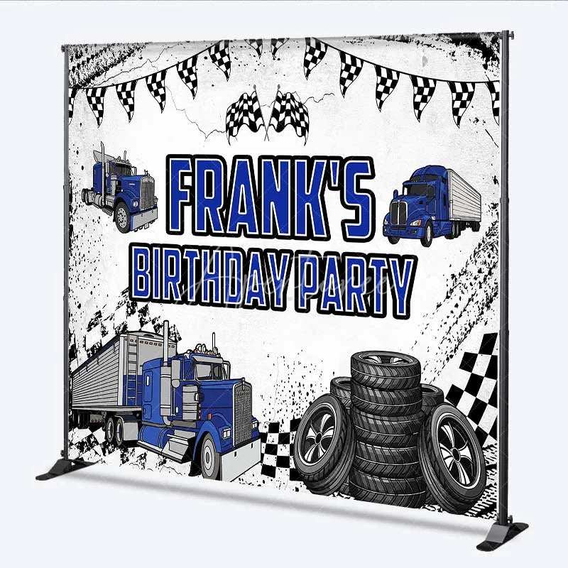 Aperturee - Aperturee Custom Blue Truck Birthday Backdrop Semi Trailer Tire Track Photography Background