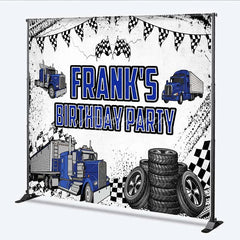 Aperturee - Aperturee Custom Blue Truck Birthday Backdrop Semi Trailer Tire Track Photography Background