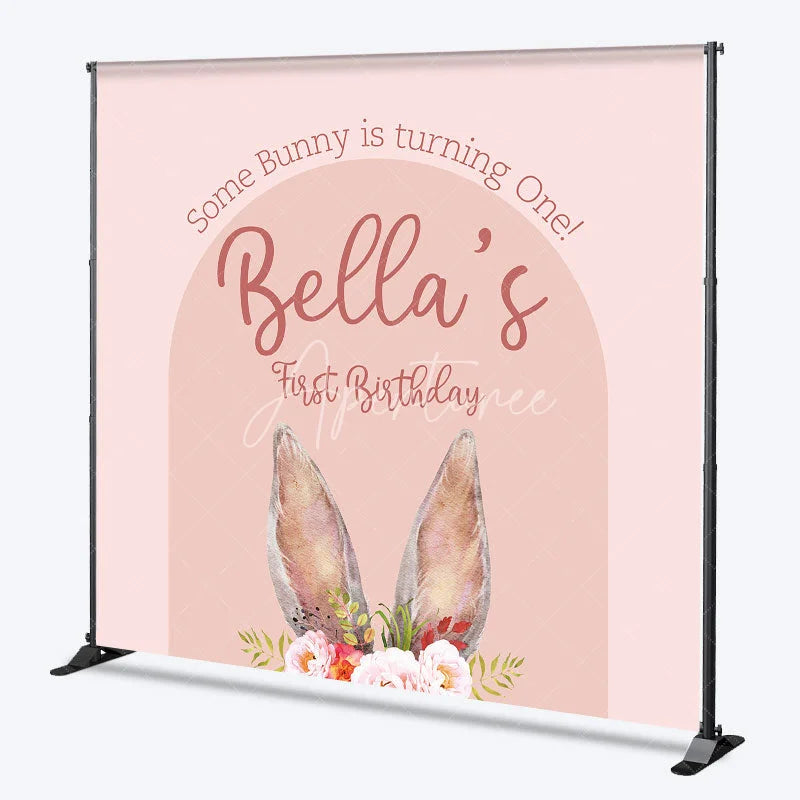 Aperturee - Aperturee Custom Boho Some Bunny Is Turning One Backdrop Pink Arch Floral Rabbit Background Personalized Name First Birthday