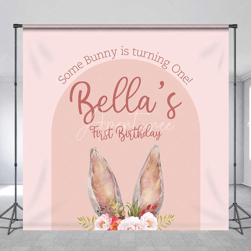 Aperturee - Aperturee Custom Boho Some Bunny Is Turning One Backdrop Pink Arch Floral Rabbit Background Personalized Name First Birthday