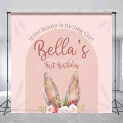 Aperturee - Aperturee Custom Boho Some Bunny Is Turning One Backdrop Pink Arch Floral Rabbit Background Personalized Name First Birthday