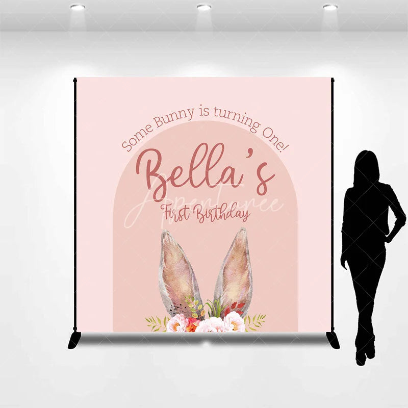 Aperturee - Aperturee Custom Boho Some Bunny Is Turning One Backdrop Pink Arch Floral Rabbit Background Personalized Name First Birthday