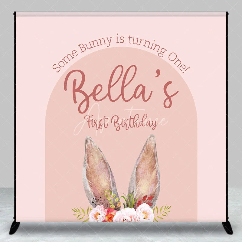 Aperturee - Aperturee Custom Boho Some Bunny Is Turning One Backdrop Pink Arch Floral Rabbit Background Personalized Name First Birthday