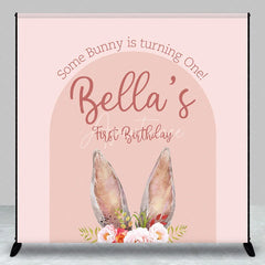 Aperturee - Aperturee Custom Boho Some Bunny Is Turning One Backdrop Pink Arch Floral Rabbit Background Personalized Name First Birthday