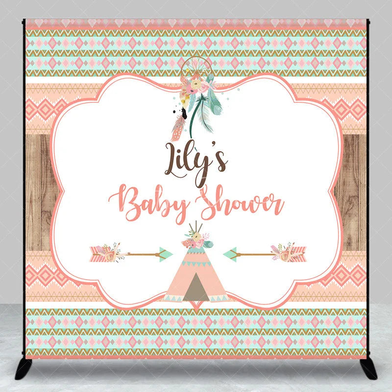Aperturee - Aperturee Custom Boho Tribal Baby Shower Backdrop featuring Peach Mint Green and Gold Patterns Dreamcatcher and Teepee Design