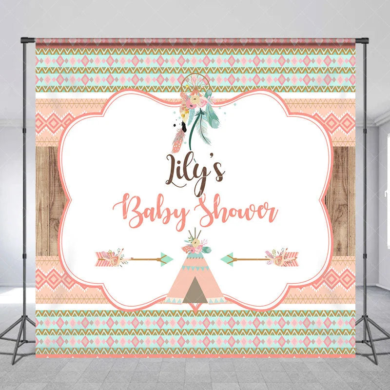 Aperturee - Aperturee Custom Boho Tribal Baby Shower Backdrop featuring Peach Mint Green and Gold Patterns Dreamcatcher and Teepee Design