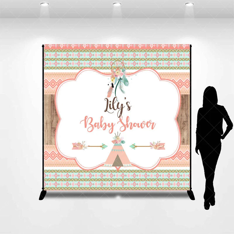 Aperturee - Aperturee Custom Boho Tribal Baby Shower Backdrop featuring Peach Mint Green and Gold Patterns Dreamcatcher and Teepee Design