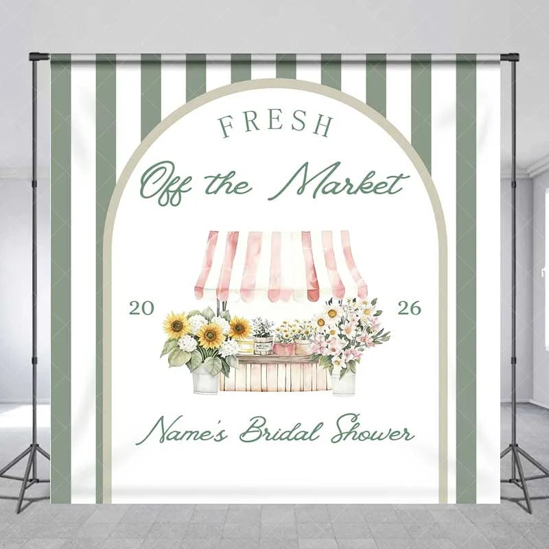 Aperturee - Aperturee Custom Bridal Shower Backdrop Fresh Flower Market Stand Sage Green Stripes Personalized Background