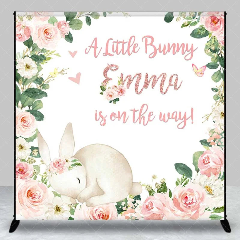 Aperturee - Aperturee Custom Bunny Baby Shower Backdrop Sleeping Rabbit and Pink Flower Wreath Newborn Girl Party Background