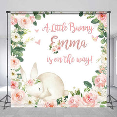 Aperturee - Aperturee Custom Bunny Baby Shower Backdrop Sleeping Rabbit and Pink Flower Wreath Newborn Girl Party Background