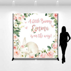 Aperturee - Aperturee Custom Bunny Baby Shower Backdrop Sleeping Rabbit and Pink Flower Wreath Newborn Girl Party Background