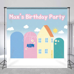 Aperturee - Aperturee Custom Cartoon House Birthday Backdrop Blue Pink Arches Sunny Hill Background Personalized Name Kids Party Decoration