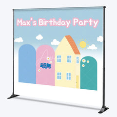 Aperturee - Aperturee Custom Cartoon House Birthday Backdrop Blue Pink Arches Sunny Hill Background Personalized Name Kids Party Decoration