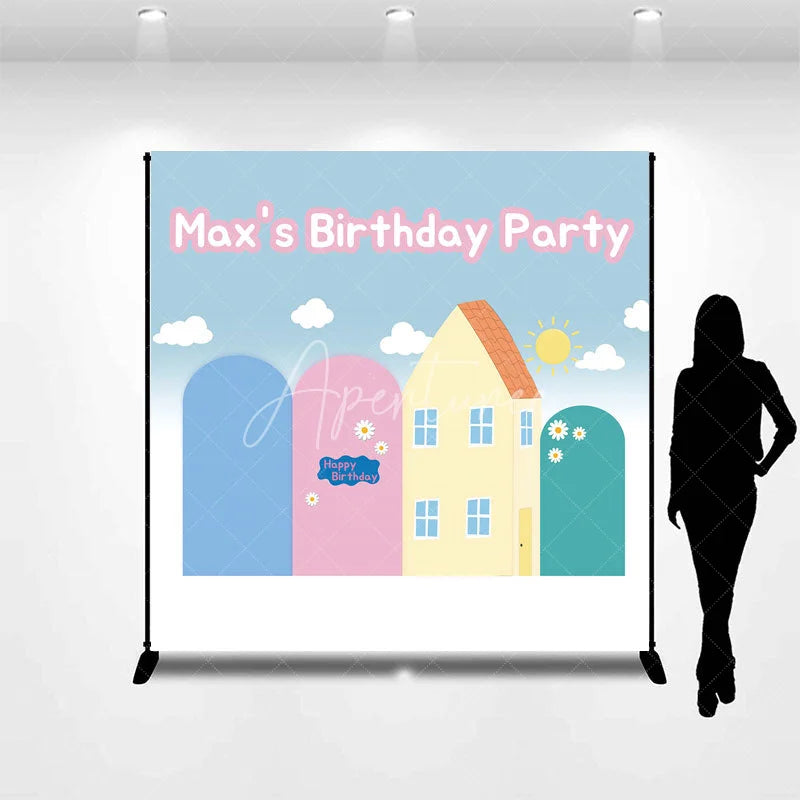 Aperturee - Aperturee Custom Cartoon House Birthday Backdrop Blue Pink Arches Sunny Hill Background Personalized Name Kids Party Decoration