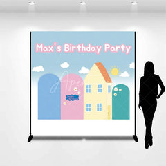 Aperturee - Aperturee Custom Cartoon House Birthday Backdrop Blue Pink Arches Sunny Hill Background Personalized Name Kids Party Decoration