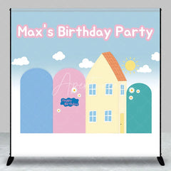 Aperturee - Aperturee Custom Cartoon House Birthday Backdrop Blue Pink Arches Sunny Hill Background Personalized Name Kids Party Decoration