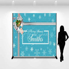 Aperturee - Aperturee Custom Christmas Backdrop Blue Snowflake Gift Box Design Silver Ribbon Jingle Bells Holiday Decor