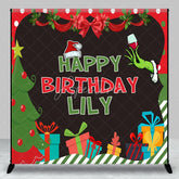 Aperturee - Aperturee Custom Christmas Birthday Backdrop with Grinch-like Hand Santa Hat and Presents Festive Party Decor