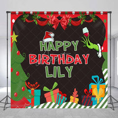 Aperturee - Aperturee Custom Christmas Birthday Backdrop with Grinch-like Hand Santa Hat and Presents Festive Party Decor