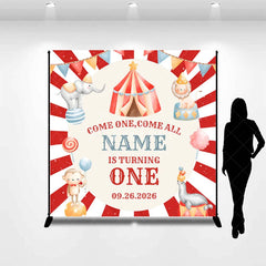 Aperturee - Aperturee Custom Circus Birthday Backdrop Red Striped Tent Animals Background Personalized Name Carnival Party Decoration