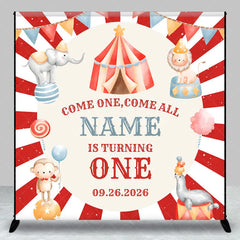 Aperturee - Aperturee Custom Circus Birthday Backdrop Red Striped Tent Animals Background Personalized Name Carnival Party Decoration