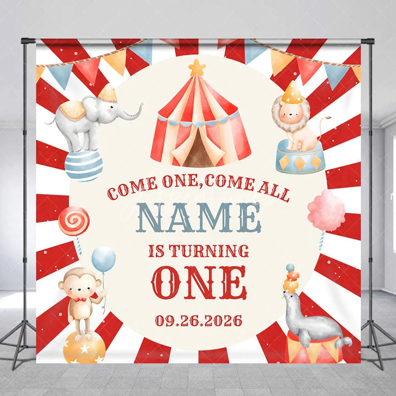 Aperturee - Aperturee Custom Circus Birthday Backdrop Red Striped Tent Animals Background Personalized Name Carnival Party Decoration