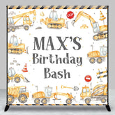 Aperturee - Aperturee Custom Construction Theme Birthday Backdrop with Yellow Vehicles and Personalized Name Kids Party Decor