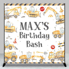 Aperturee - Aperturee Custom Construction Theme Birthday Backdrop with Yellow Vehicles and Personalized Name Kids Party Decor