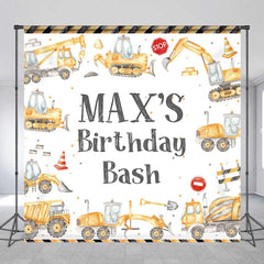 Aperturee - Aperturee Custom Construction Theme Birthday Backdrop with Yellow Vehicles and Personalized Name Kids Party Decor