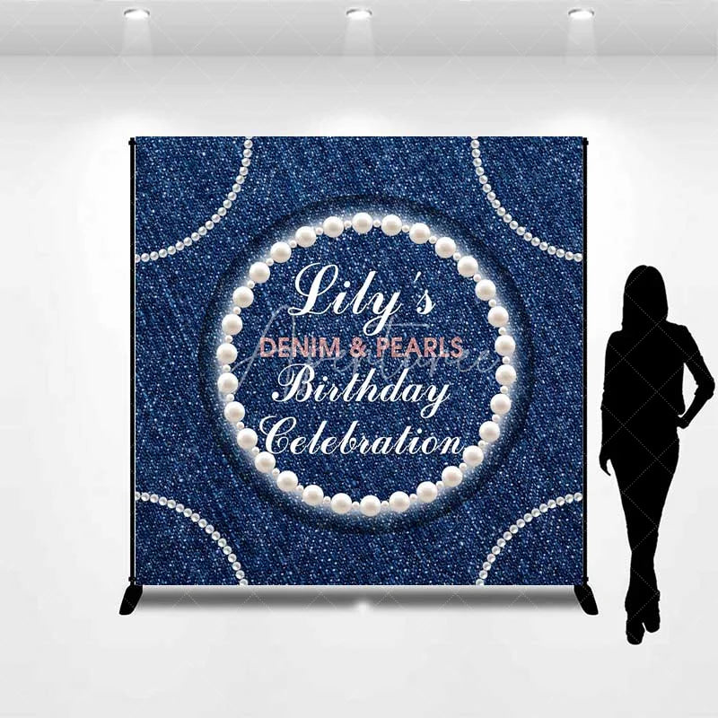Aperturee - Aperturee Custom Denim and Pearls Birthday Backdrop Rustic Blue Jeans Photography Background