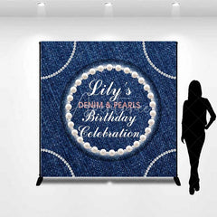 Aperturee - Aperturee Custom Denim and Pearls Birthday Backdrop Rustic Blue Jeans Photography Background