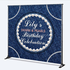 Aperturee - Aperturee Custom Denim and Pearls Birthday Backdrop Rustic Blue Jeans Photography Background