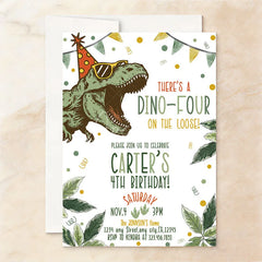 Aperturee - Aperturee Set of 20 Custom Dino Four Birthday Invitation Cute Dinosaur Party Card with Tropical Leaves and Confetti